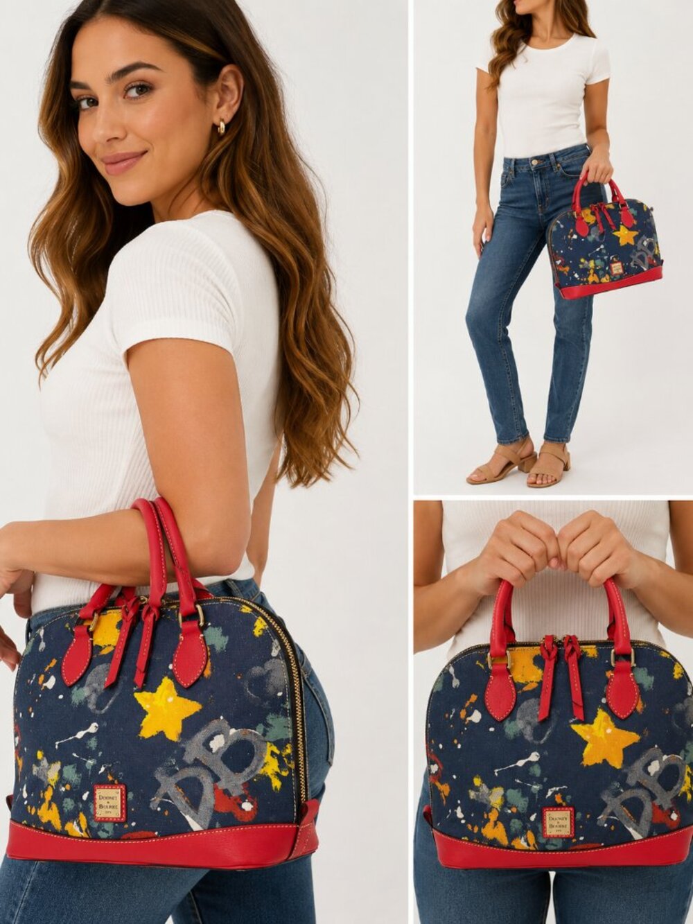 Dooney & Bourke Graffiti Navy Blue Zip Zip Satchel Red Leather Trim